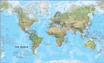 Wereldkaart (code 69) natuurkundig, papieren versie, 136 x 82 cm | Maps International 