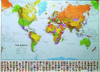 Wereldkaart (code 63mvl) modern, papieren versie, Medium - met vlaggen, 101 x 73 cm ENGELSTALIG| Maps International
