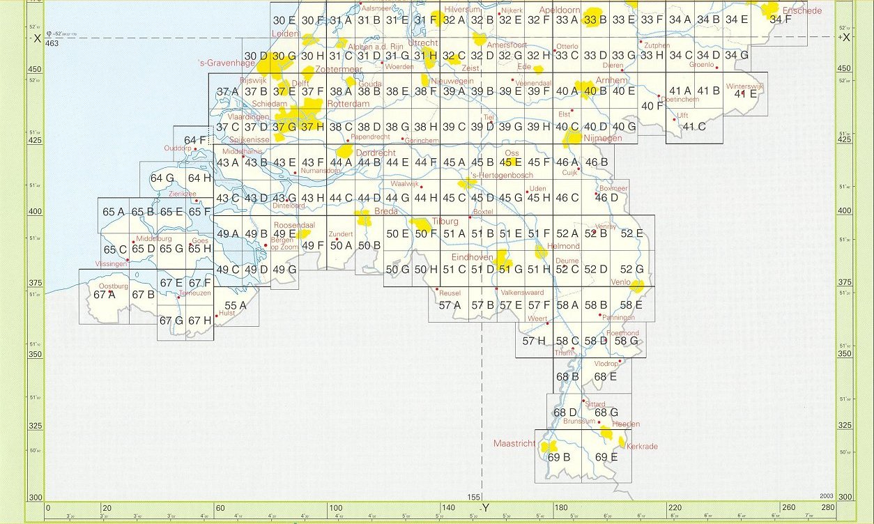 Overzicht topografische kaarten 1:25.000 Nederland ZUID