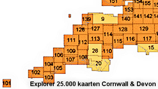 Overzicht explorer maps 1:25.000 Devon & Cornwall