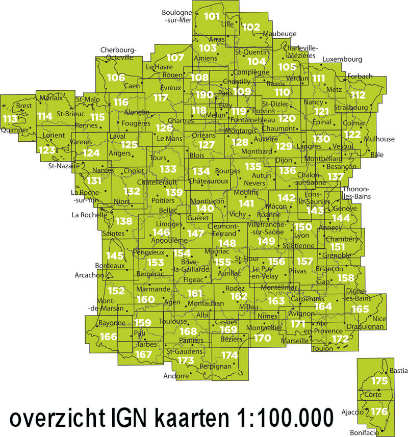 Overzicht IGN wegenkaarten Frankrijk 1:100.000
