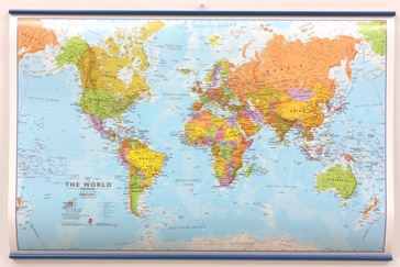 Wereldkaart World politiek zonder vlaggen geplastificeerd met latjes | 68 x 45 cm | Maps International