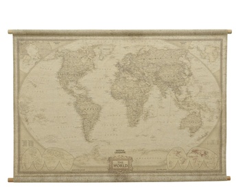Vintage wereldkaart op linnen met houten stokken 126 x 87 cm