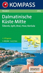 Wandelkaart 2902 Dalmatinische Küste Mitte Šibenik - Split - Brac - Hvar - Korcula | Kompass