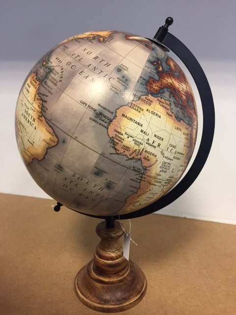 Wereldbol Vintage Globe Blauwgrijs Op Houten Voet 25 Cm 