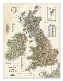 Wandkaart Britain and Ireland - Groot Brittannië en Ierland antiek, 60 x 76 cm | National Geographic