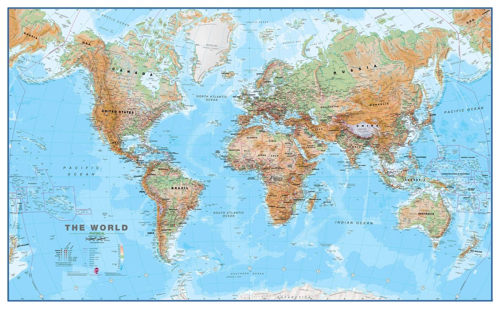 Eigendom Verwacht het Alsjeblieft kijk Wereldkaart 69P Natuurkundig, 136 x 84 cm | Maps International |  9781910378090 | Reisboekwinkel De Zwerver