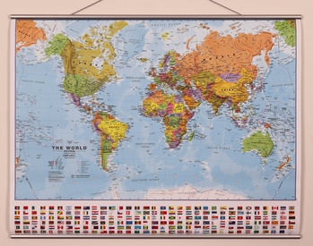 Wereldkaart World politiek met vlaggen geplastificeerd met latjes | 68 x 53 cm | Maps International