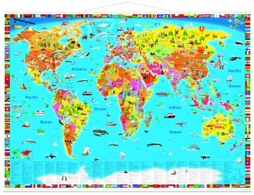 Kinderwereldkaart World map kids political illustrated | Met latjes | 100 x 70 cm | Druckbunt