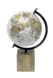 Wereldbol Globe grijs-blauw op houten blok | Van Manen