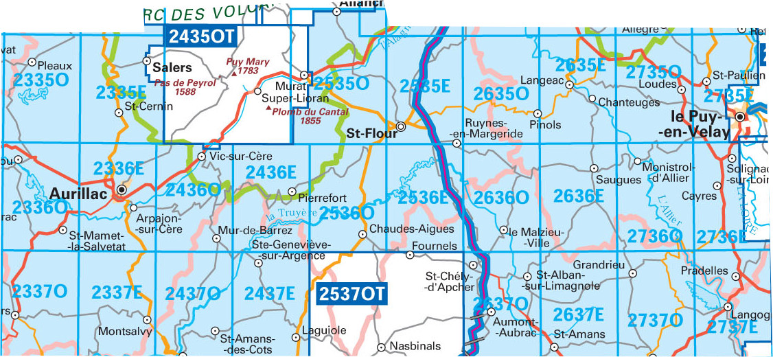 Topografische kaarten IGN 25.000 Cantal en Auvergne : ZUIDELIJK GEDEELTE