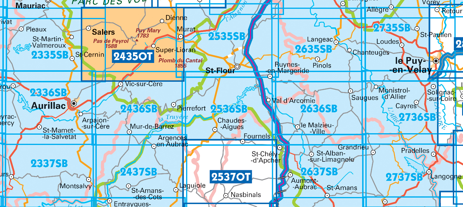 Topografische kaarten IGN 25.000 Cantal en Auvergne : Zuid