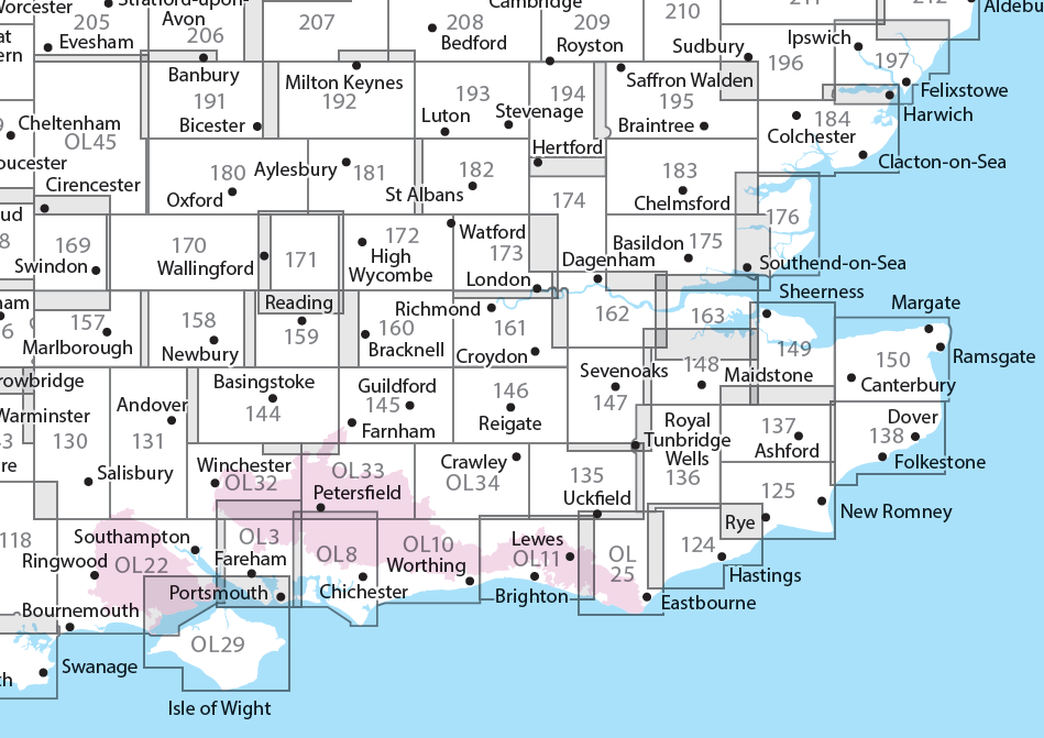 Overzichtskaart Explorer 25.000 topografische kaarten zuidoost Engeland - Kent - Londen