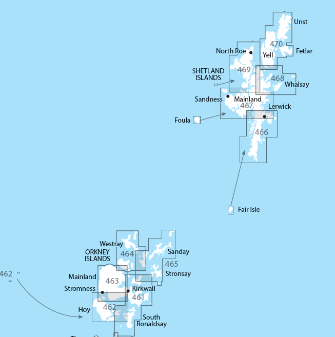 Overzichtskaart Explorer 25.000 topografische kaarten Orkney - Shetlands