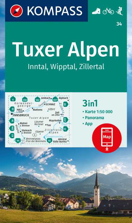 Online bestellen: Wandelkaart 34 Tuxer Alpen | Kompass
