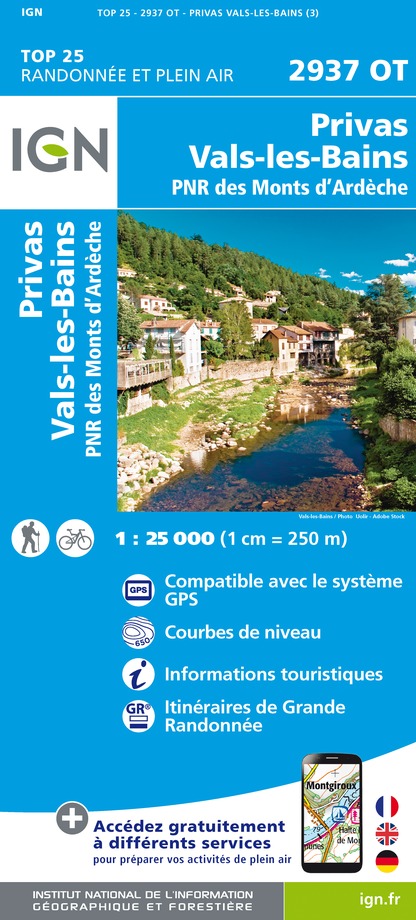 Online bestellen: Wandelkaart - Topografische kaart 2937OT Privas - Vals-les-Bains | IGN - Institut Géographique National