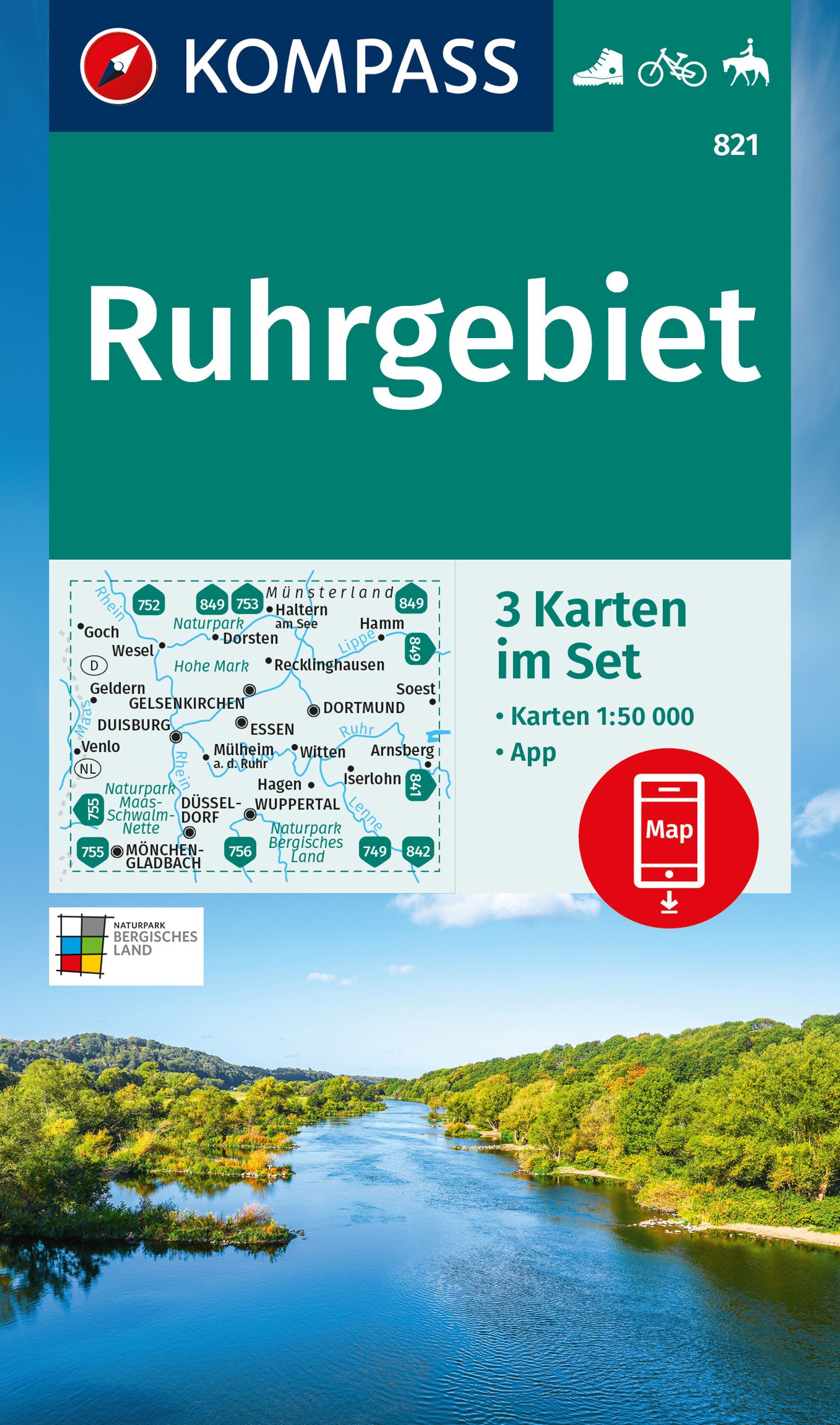 Online bestellen: Wandelkaart 821 Ruhrgebiet | Kompass