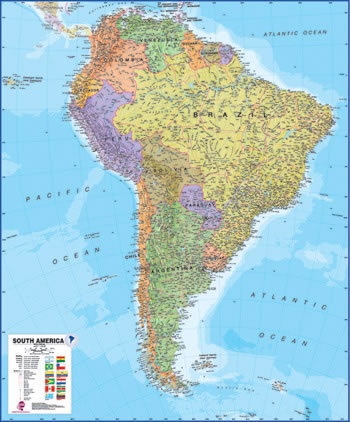 Wandkaart South America political wall map - geplastificeerd - Zuid Amerika Politiek | Maps International | 