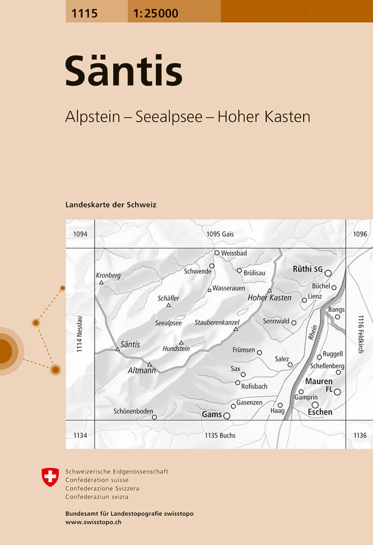 Online bestellen: Wandelkaart - Topografische kaart 1115 Säntis | Swisstopo