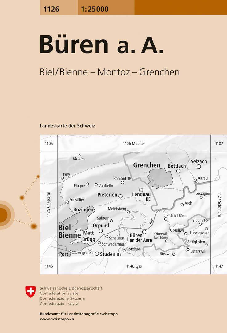 Online bestellen: Wandelkaart - Topografische kaart 1126 Büren an der Aare | Swisstopo