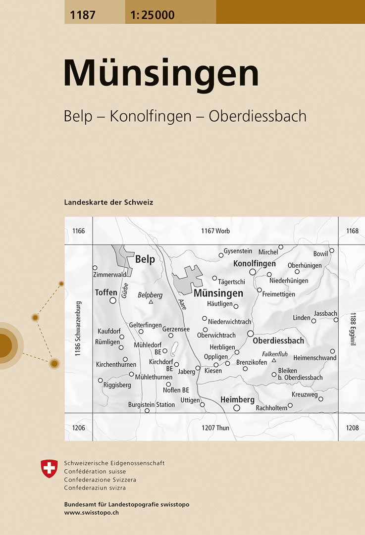 Online bestellen: Wandelkaart - Topografische kaart 1187 Münsingen | Swisstopo