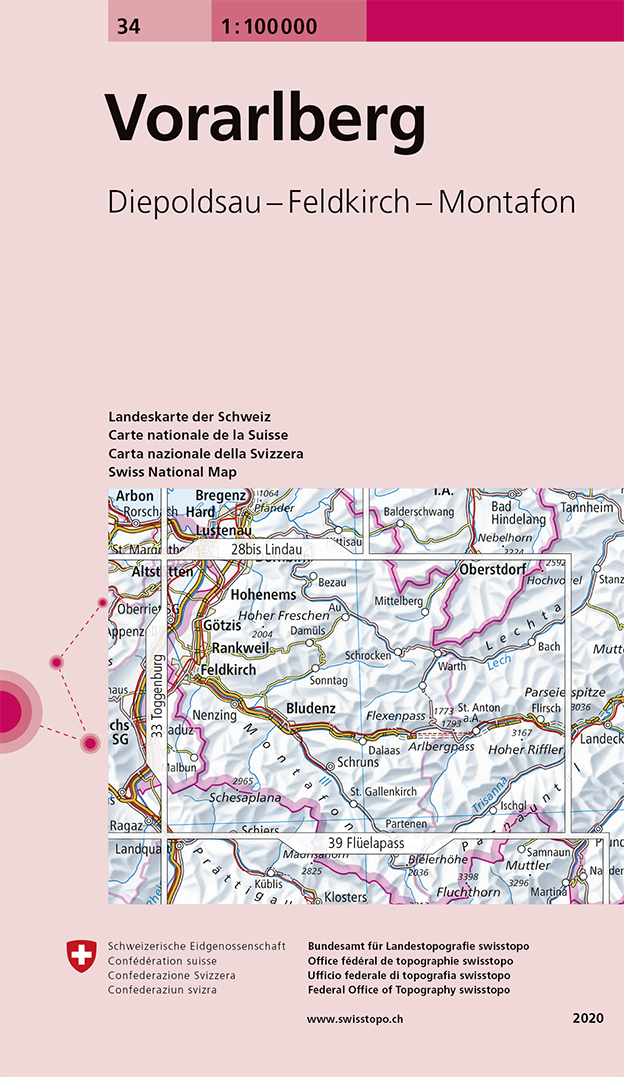 Online bestellen: Fietskaart - Topografische kaart - Wegenkaart - landkaart 34 Vorarlberg | Swisstopo