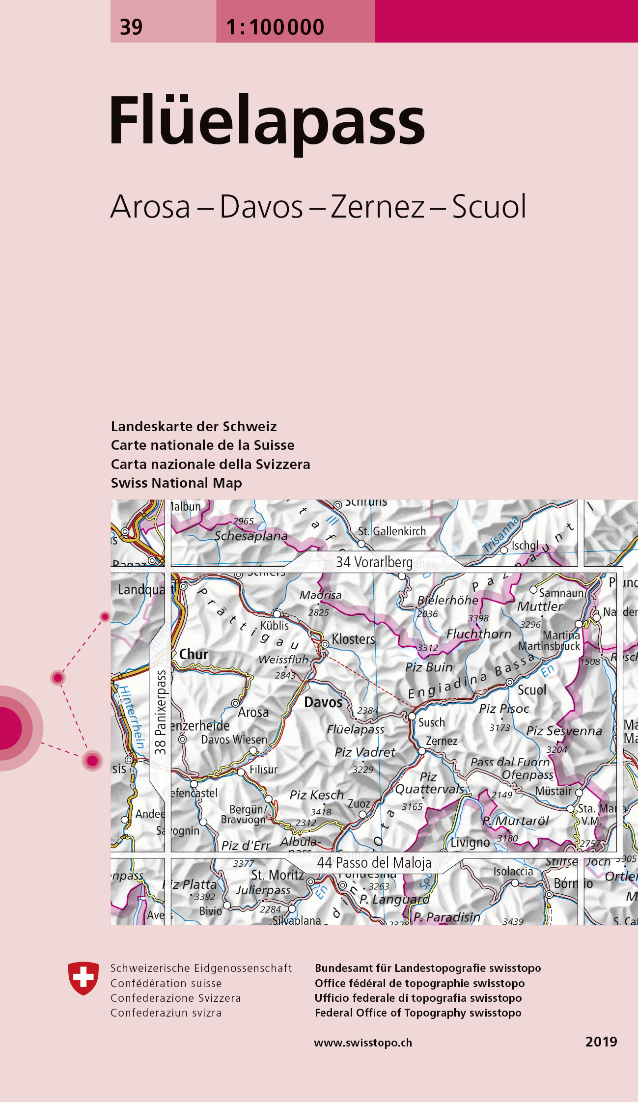 Online bestellen: Fietskaart - Topografische kaart - Wegenkaart - landkaart 39 Flüelapass | Swisstopo
