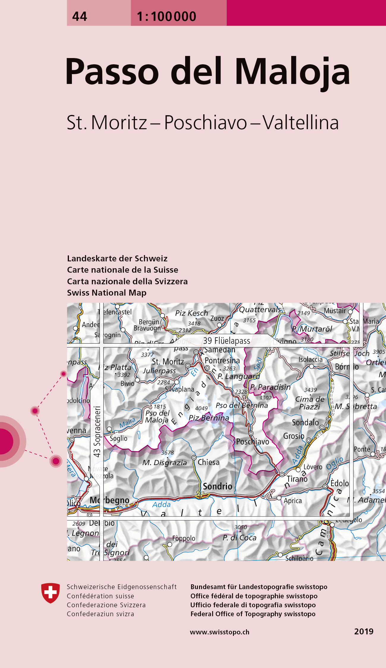 Online bestellen: Fietskaart - Topografische kaart - Wegenkaart - landkaart 44 Passo del Maloja | Swisstopo