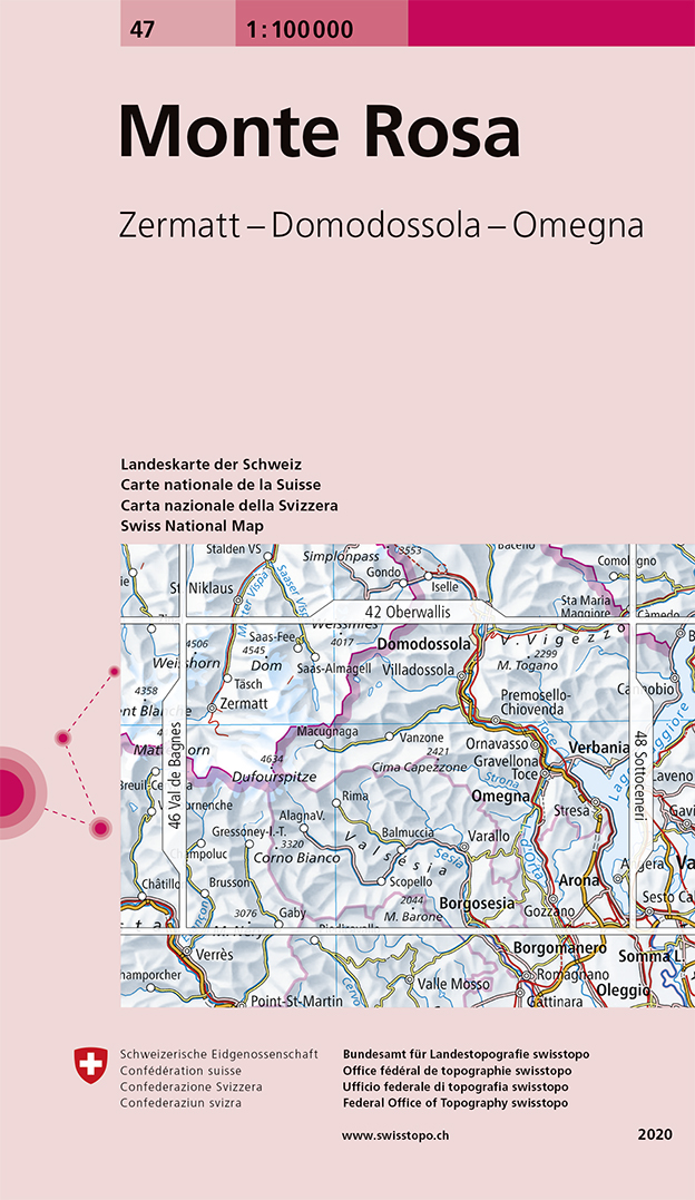 Online bestellen: Fietskaart - Topografische kaart - Wegenkaart - landkaart 47 Monte Rosa | Swisstopo