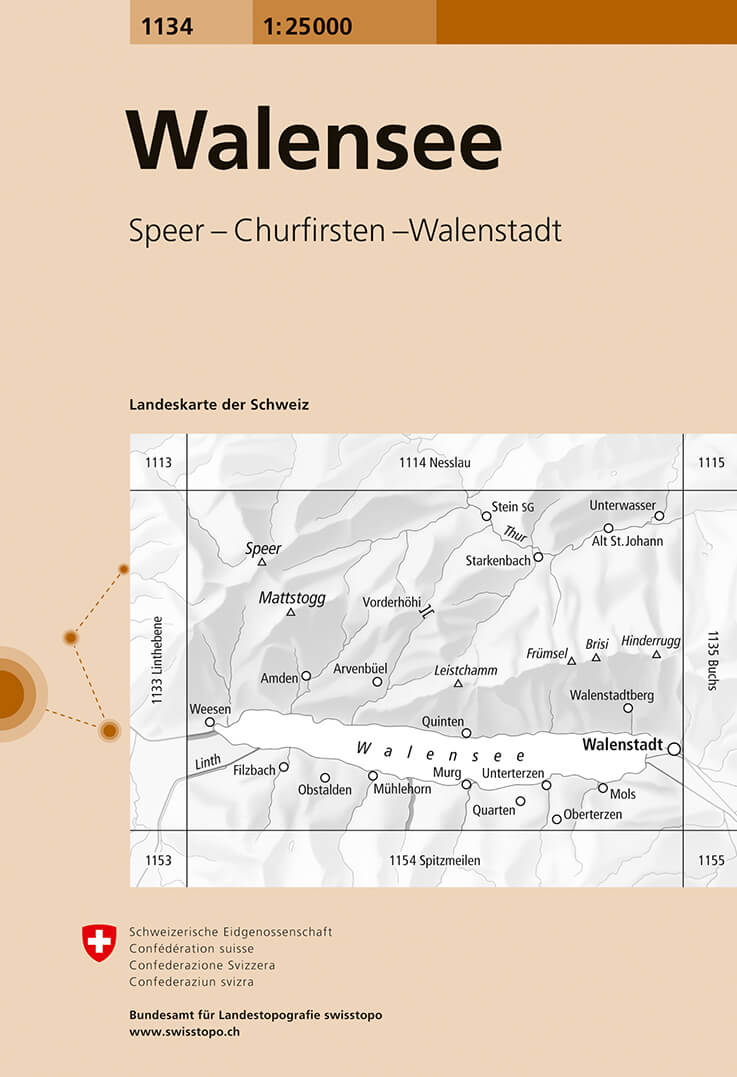 Online bestellen: Wandelkaart - Topografische kaart 1134 Walensee | Swisstopo