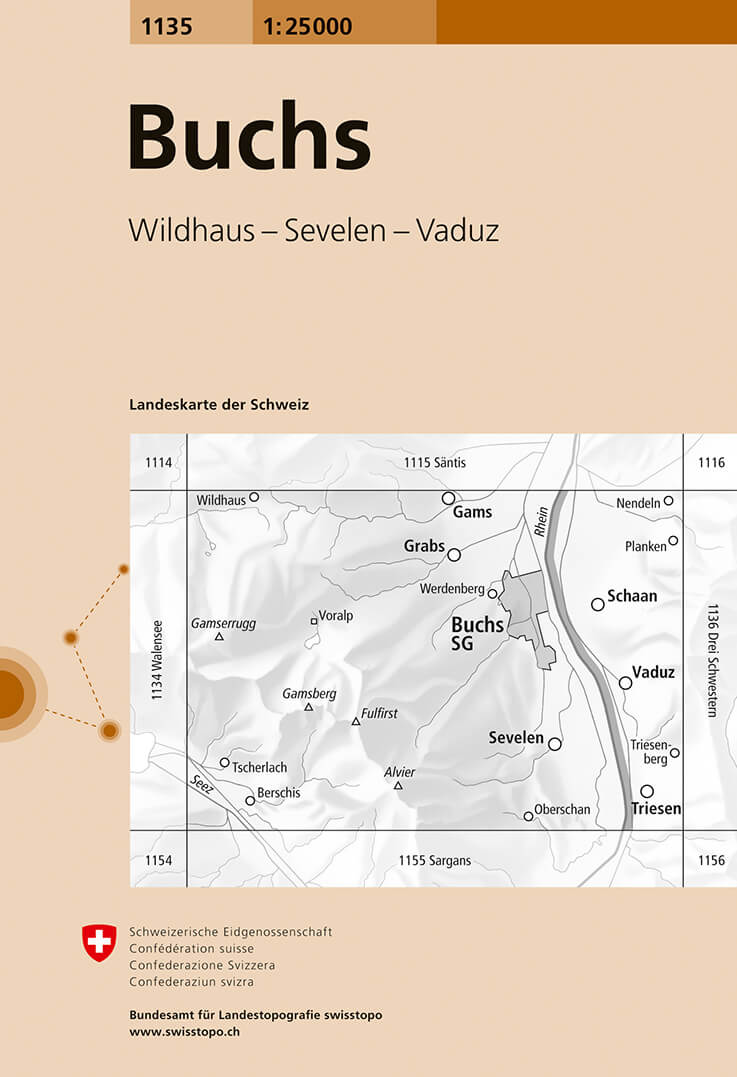 Online bestellen: Wandelkaart - Topografische kaart 1135 Buchs | Swisstopo