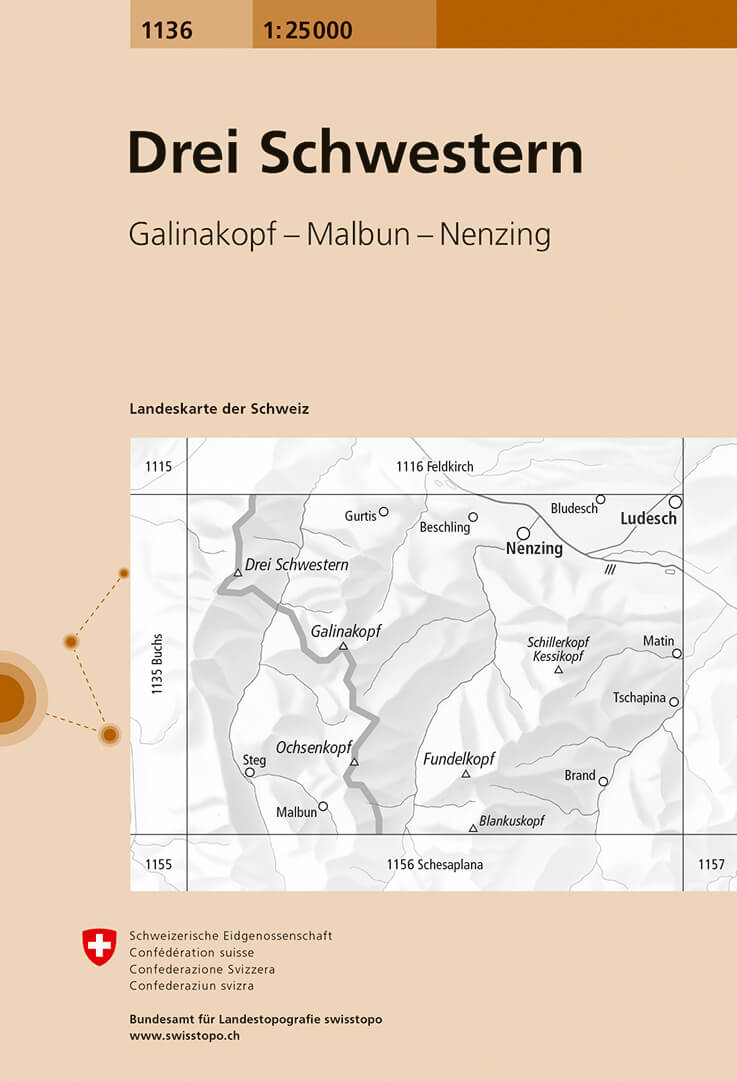 Online bestellen: Wandelkaart - Topografische kaart 1136 Drei Schwestern | Swisstopo