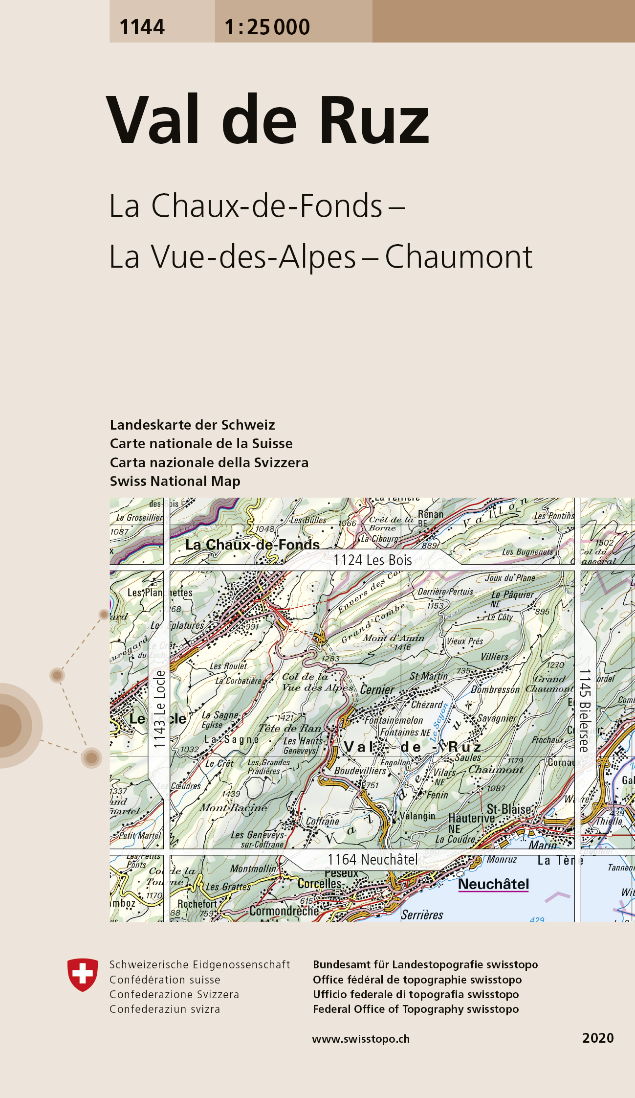 Online bestellen: Wandelkaart - Topografische kaart 1144 Val de Ruz | Swisstopo