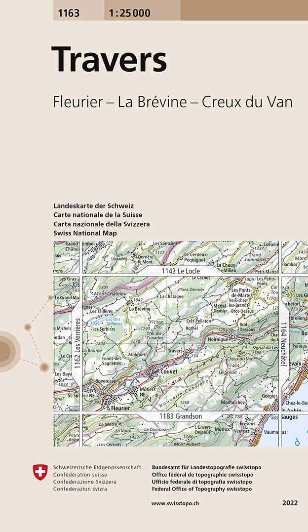 Online bestellen: Wandelkaart - Topografische kaart 1163 Travers | Swisstopo