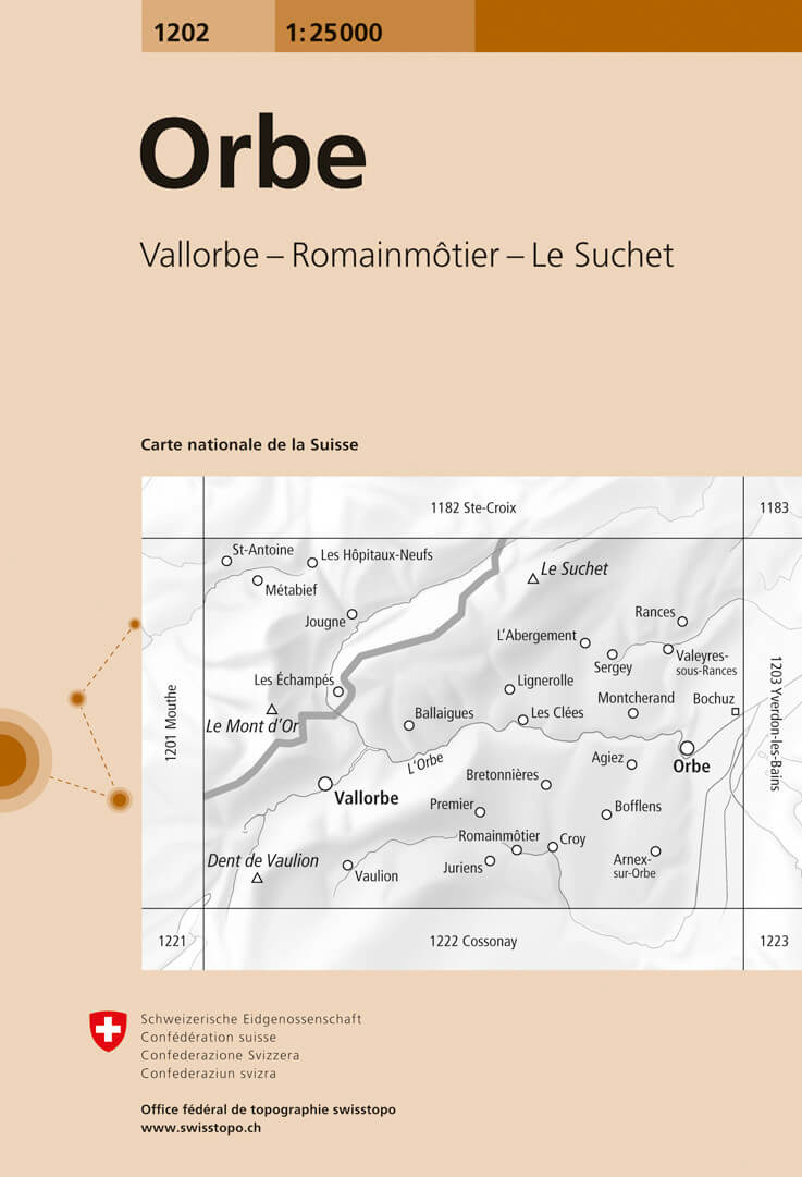 Online bestellen: Wandelkaart - Topografische kaart 1202 Orbe | Swisstopo