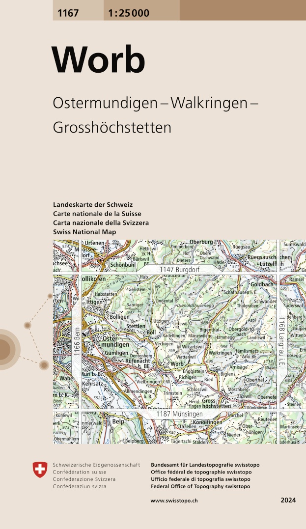 Online bestellen: Wandelkaart - Topografische kaart 1167 Worb | Swisstopo