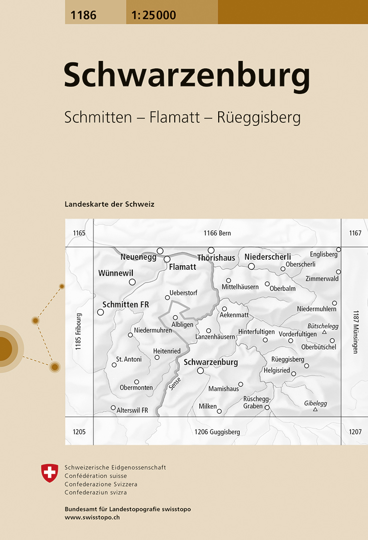 Online bestellen: Wandelkaart - Topografische kaart 1186 Schwarzenburg | Swisstopo
