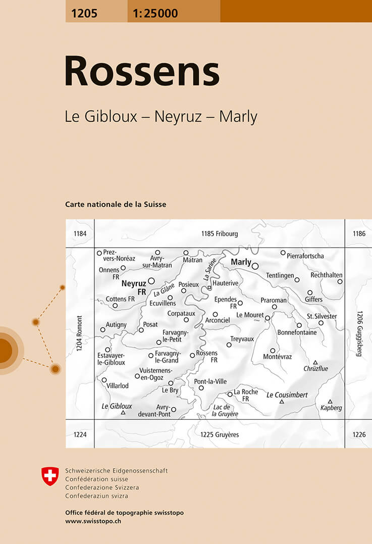 Online bestellen: Wandelkaart - Topografische kaart 1205 Rossens | Swisstopo