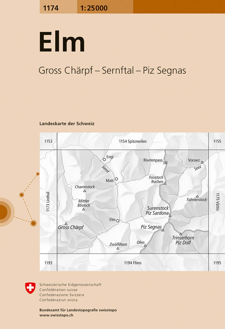 Online bestellen: Wandelkaart - Topografische kaart 1174 Elm | Swisstopo