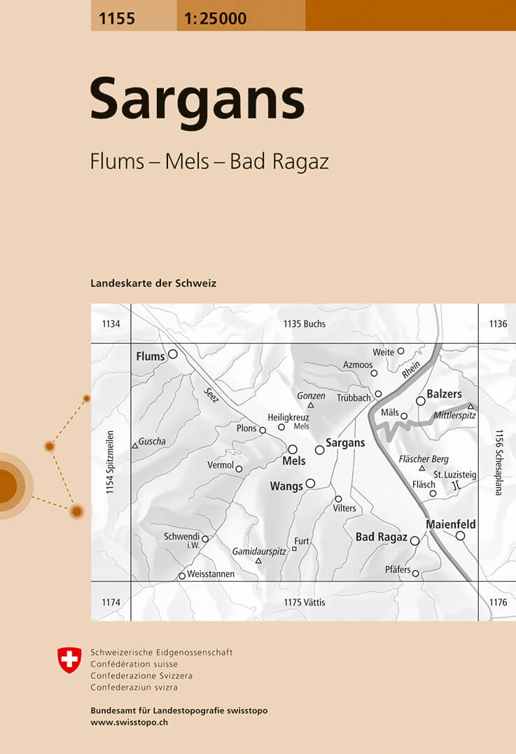 Online bestellen: Wandelkaart - Topografische kaart 1155 Sargans | Swisstopo