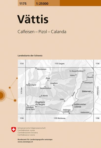 Online bestellen: Wandelkaart - Topografische kaart 1175 Vättis | Swisstopo