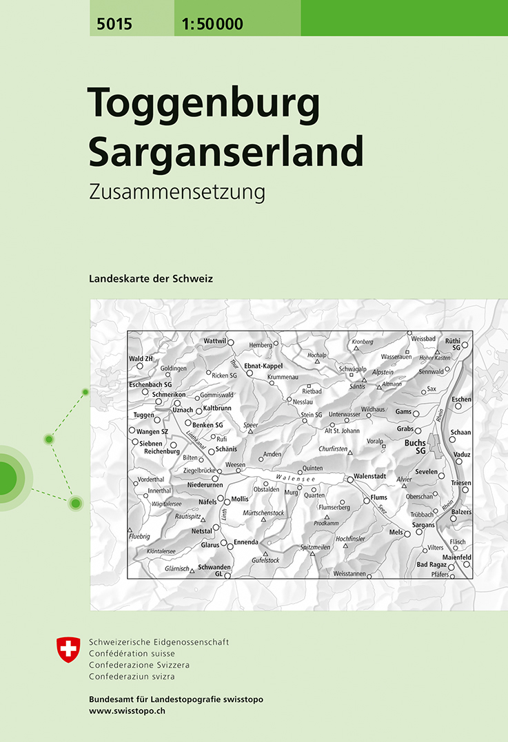 Online bestellen: Wandelkaart - Topografische kaart 5015 Toggenburg - Sarganserland | Swisstopo