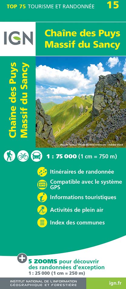 Online bestellen: Wandelkaart - Fietskaart 15 Chaîne des Puys - Massif du Sancy - Auvergne | IGN - Institut Géographique National