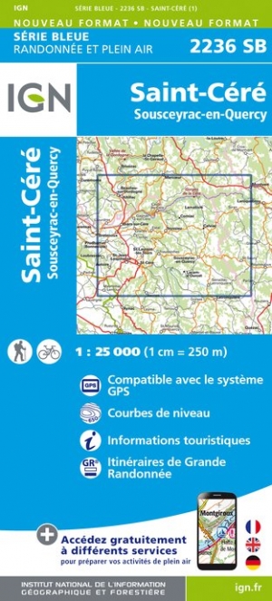 Online bestellen: Wandelkaart - Topografische kaart 2236SB Saint-Céré, Sousceyrac-en-Quercy | IGN - Institut Géographique National