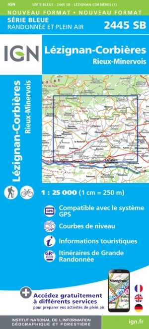 Online bestellen: Wandelkaart - Topografische kaart 2445SB Lézignan - Corbieres, Rieux-Minervois | IGN - Institut Géographique National