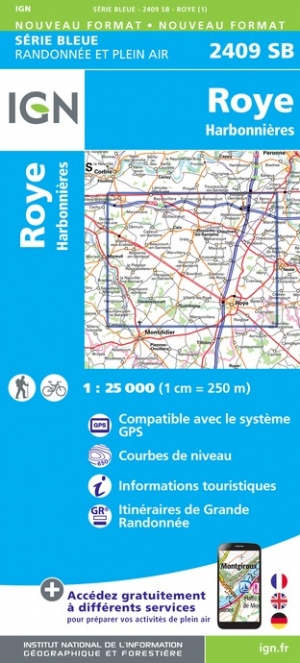 Online bestellen: Wandelkaart - Topografische kaart 2409SB Roye | IGN - Institut Géographique National