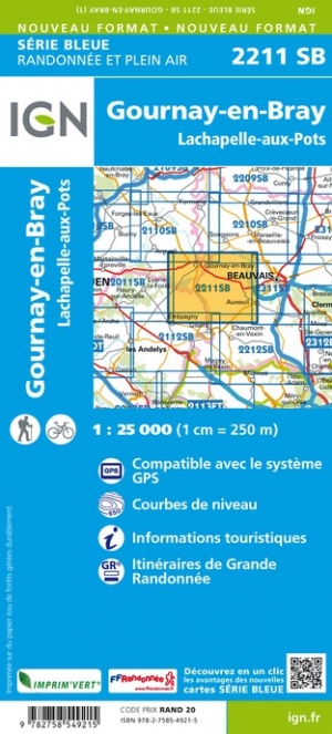 Online bestellen: Wandelkaart - Topografische kaart 2211SB Gournay-en-Bray , Lachapelle-aux-Pots | IGN - Institut Géographique National