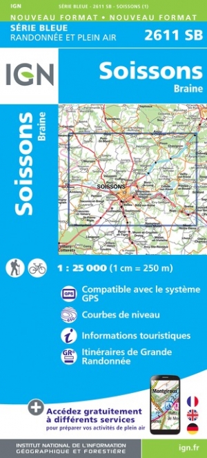 Online bestellen: Wandelkaart - Topografische kaart 2611SB Braine - Soissons | IGN - Institut Géographique National
