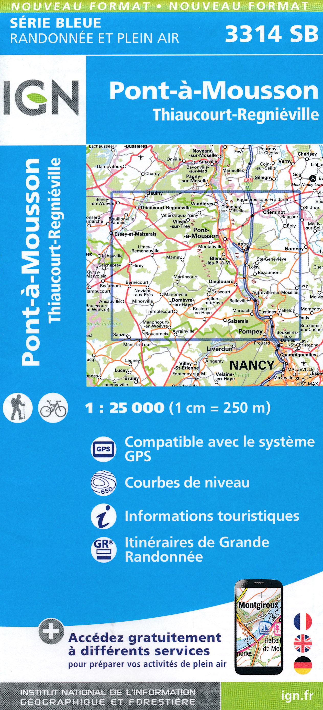 Online bestellen: Wandelkaart - Topografische kaart 3314SB Pont-à-Mousson | IGN - Institut Géographique National