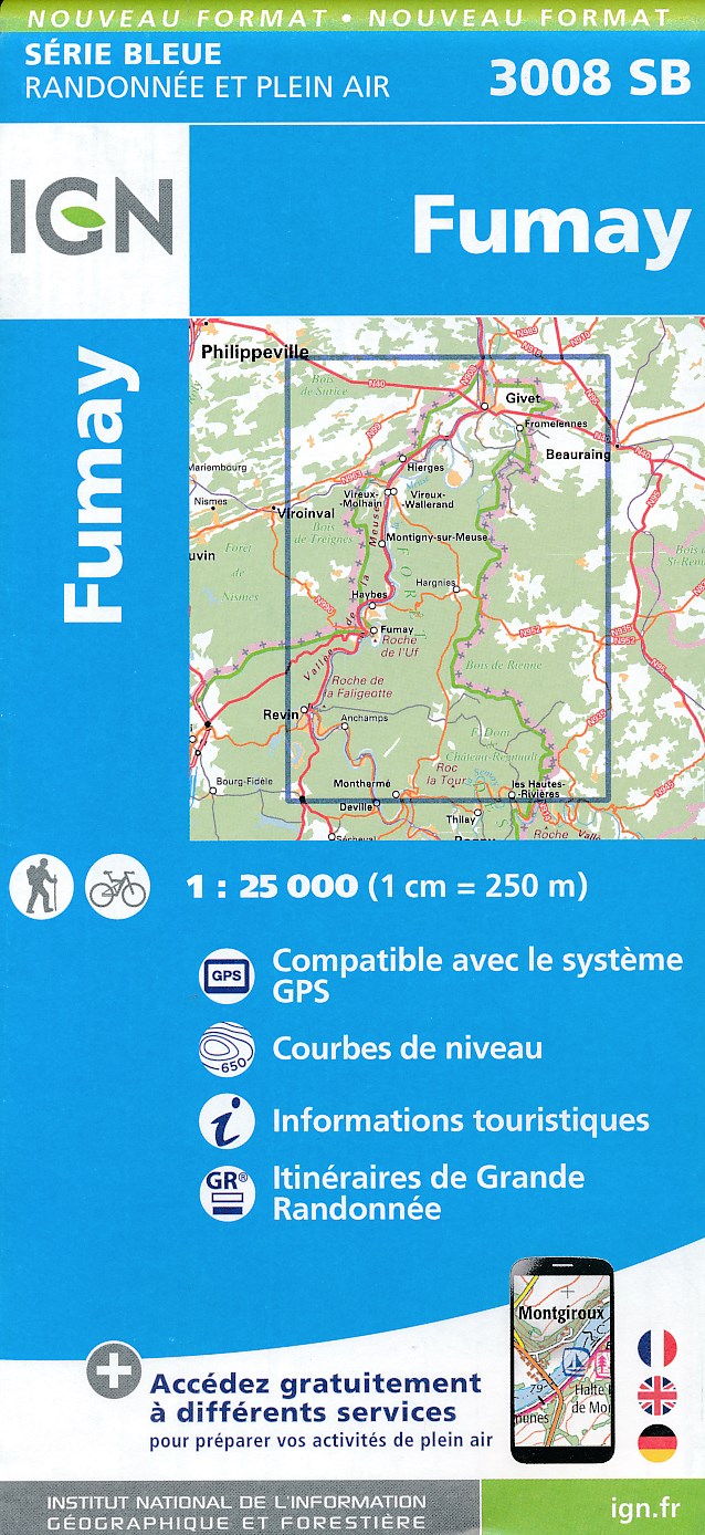 Online bestellen: Topografische kaart - Wandelkaart 3008SB Fumay | IGN - Institut Géographique National